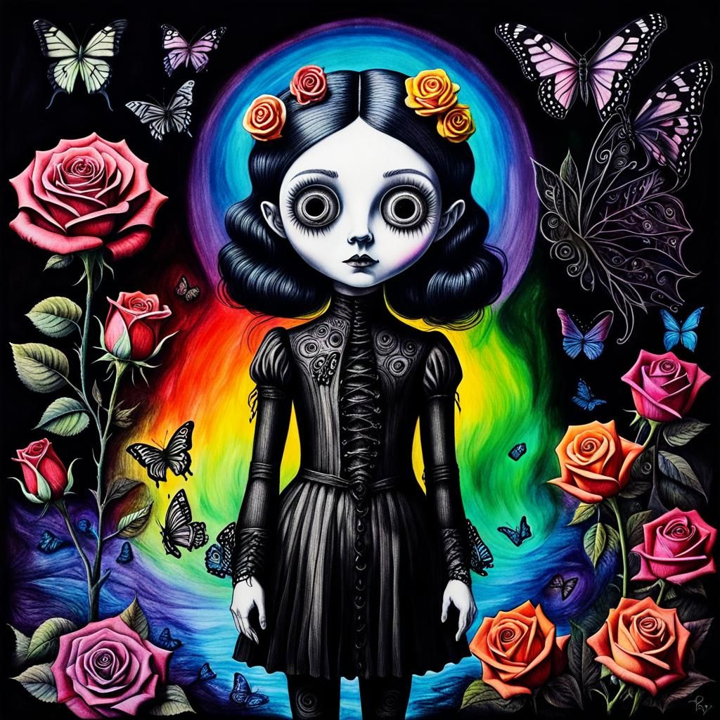 Surreal Crayon Drawing: Gothic Woman's Dreamscape
