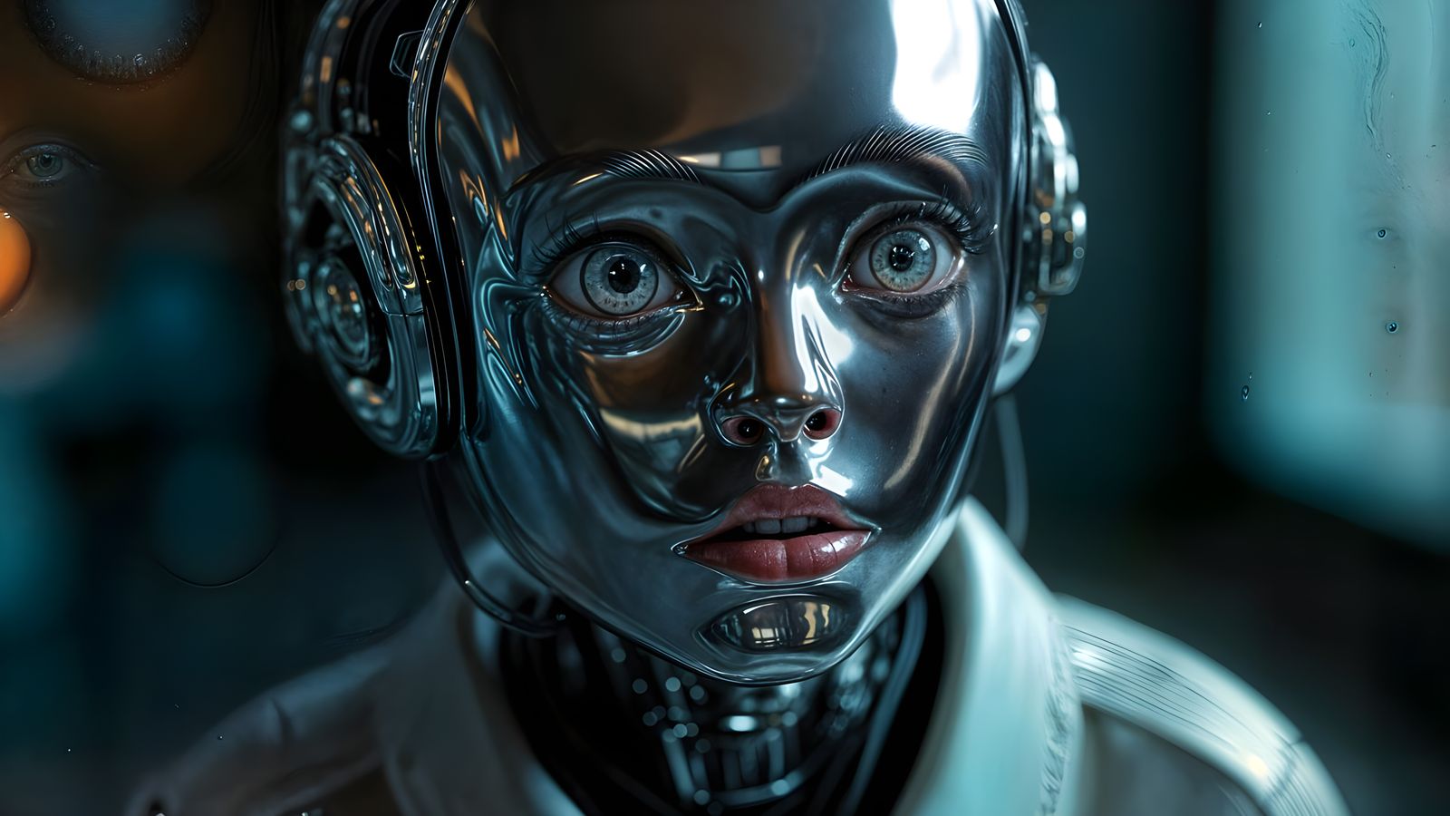 Hyperrealistic Android Face Sculpted from Liquid Chrome