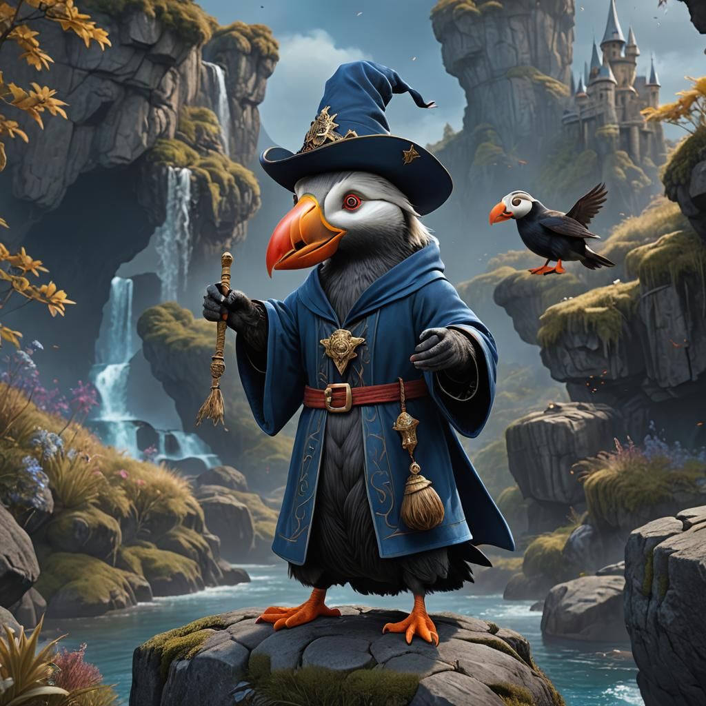 Wizard Puffin: Anthropomorphic Art in Detailed Painting Styl...