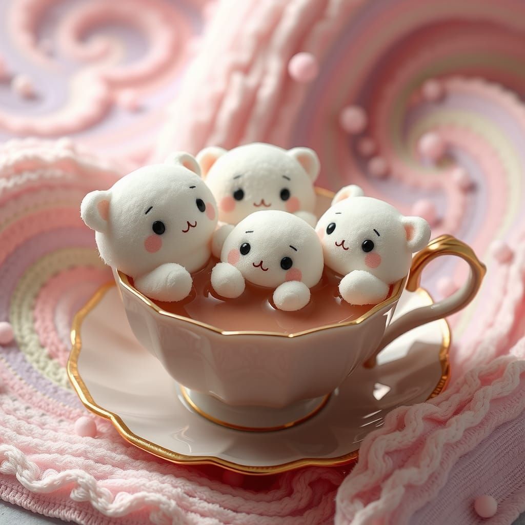 Cute chibi fluffy marshmallows characters sitting in a tea cup filled with warm hot chocolate.