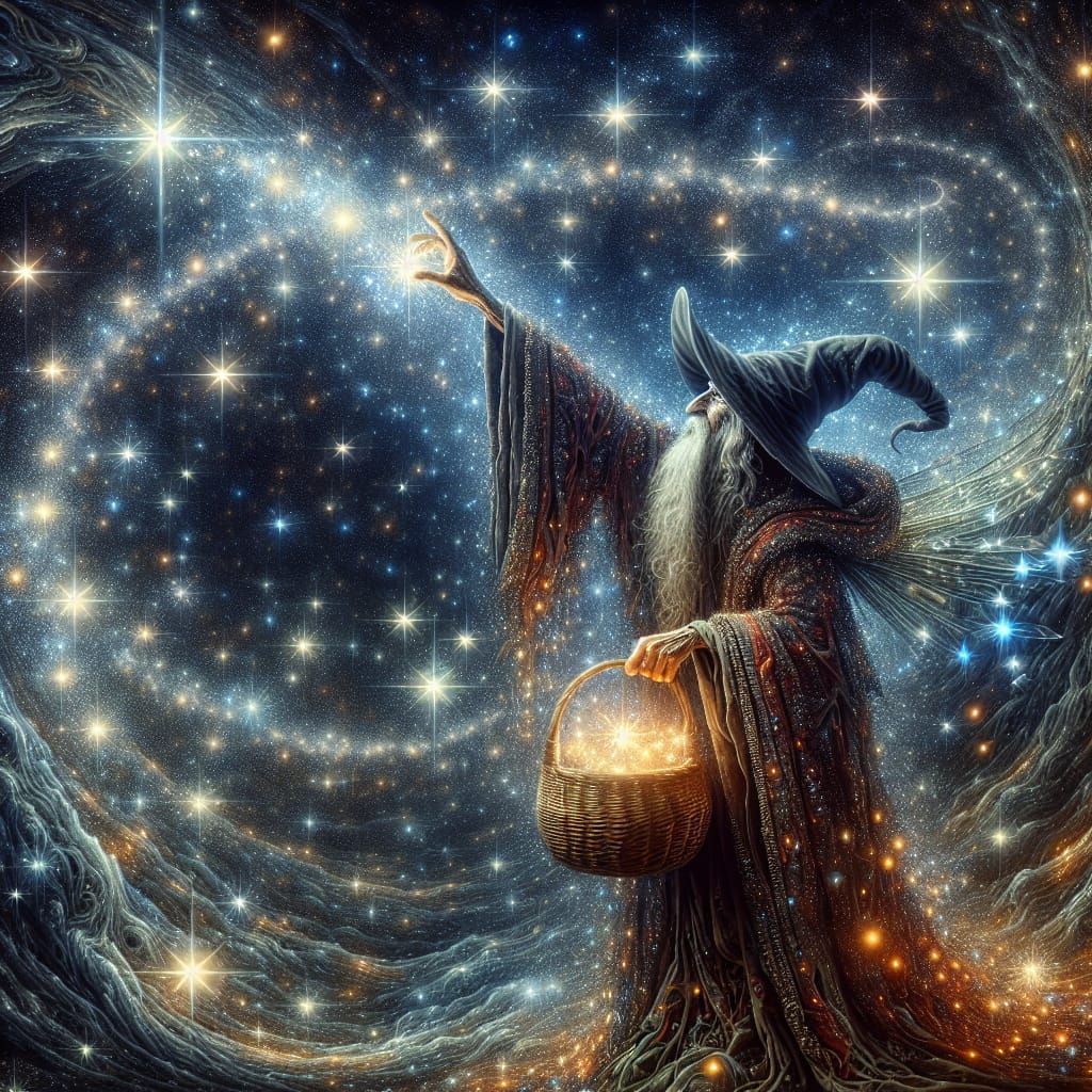 Wizard Collecting Stars in Hyperrealistic Style
