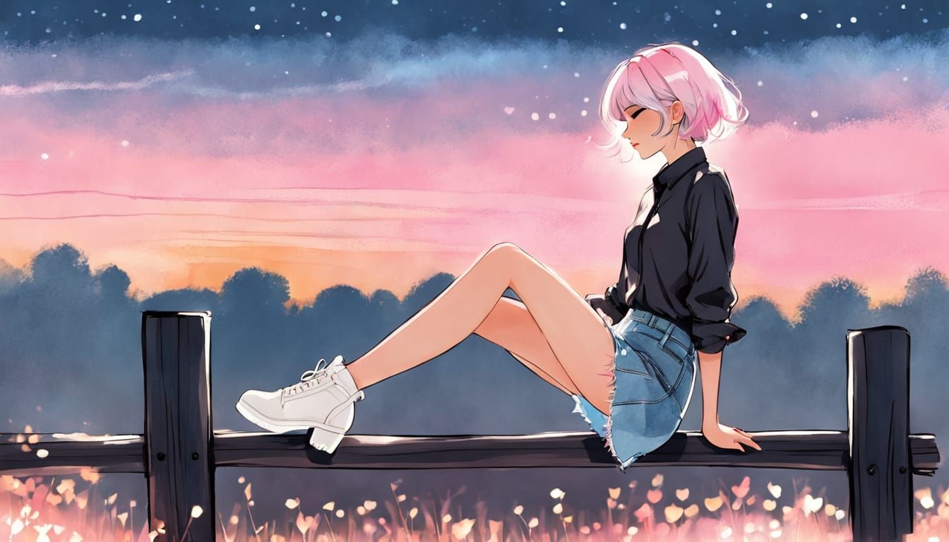 Whimsical Girl on Rail Fence in Abstract Watercolor Style