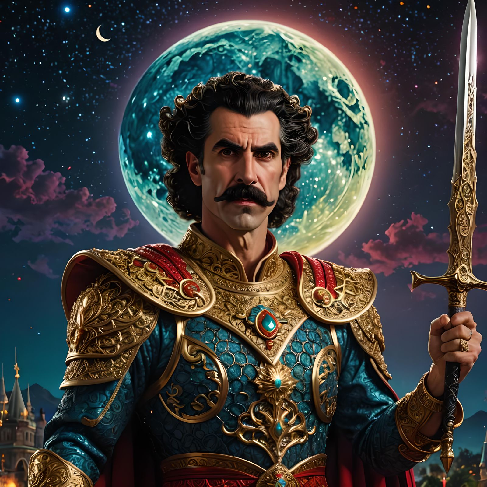 Borat with Sword Raised in Air, Ready to Strike