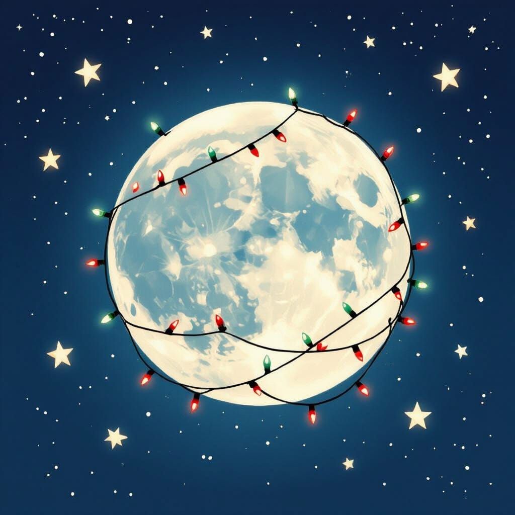 Whimsical Christmas Moon Adorned with Twinkling Fairy Lights