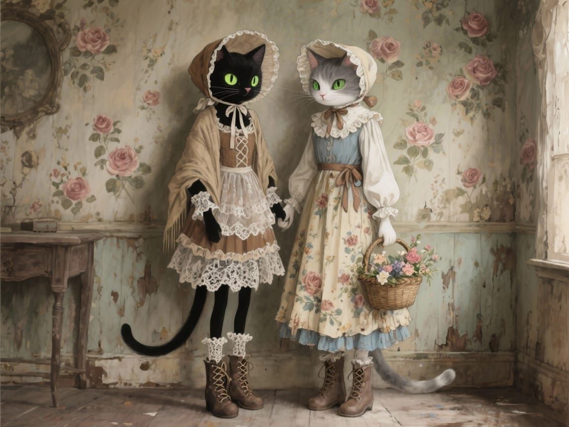 Victorian Anthropomorphic Cats in Rustic Room