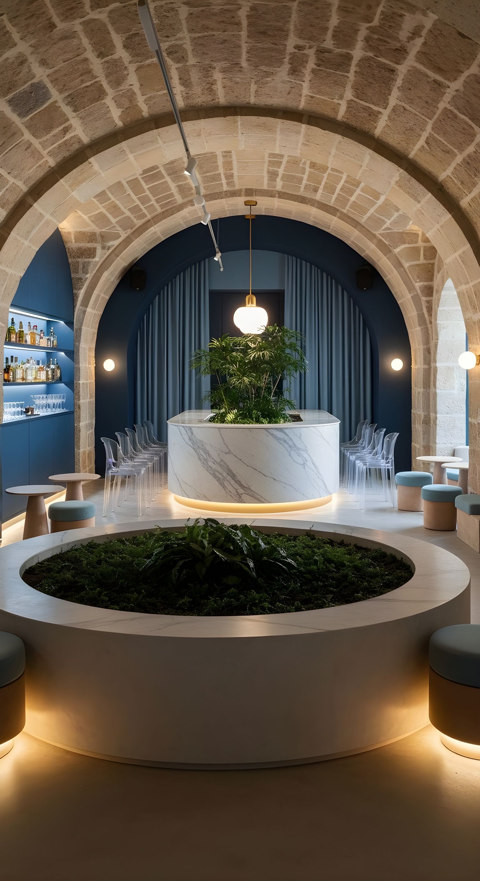 Modern Bar Interior with Stone Arches and Marble Bar