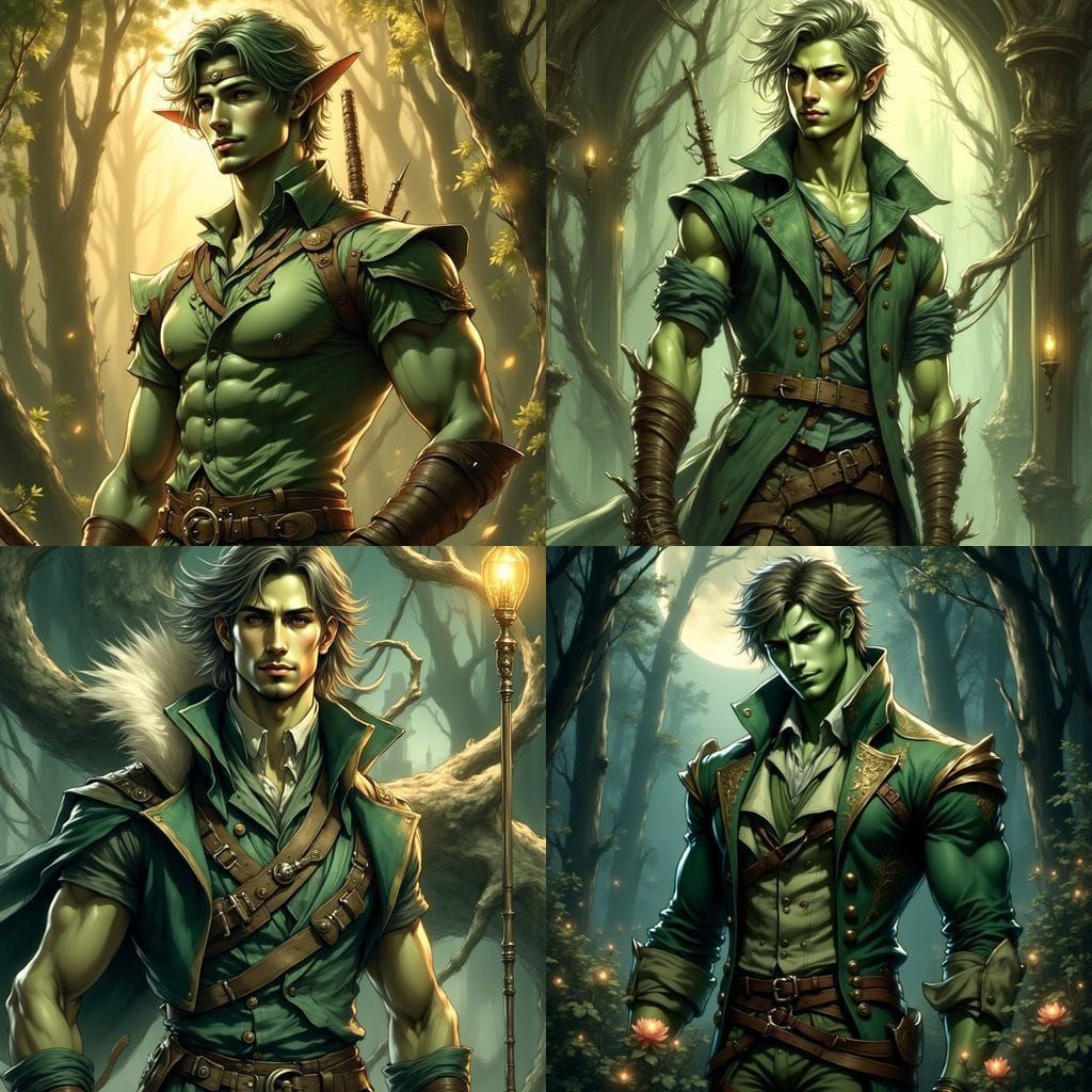 Green buff curvy Art Nouveau anime hunk wearing an elf costume. <lora:Athletic Men:1.0>