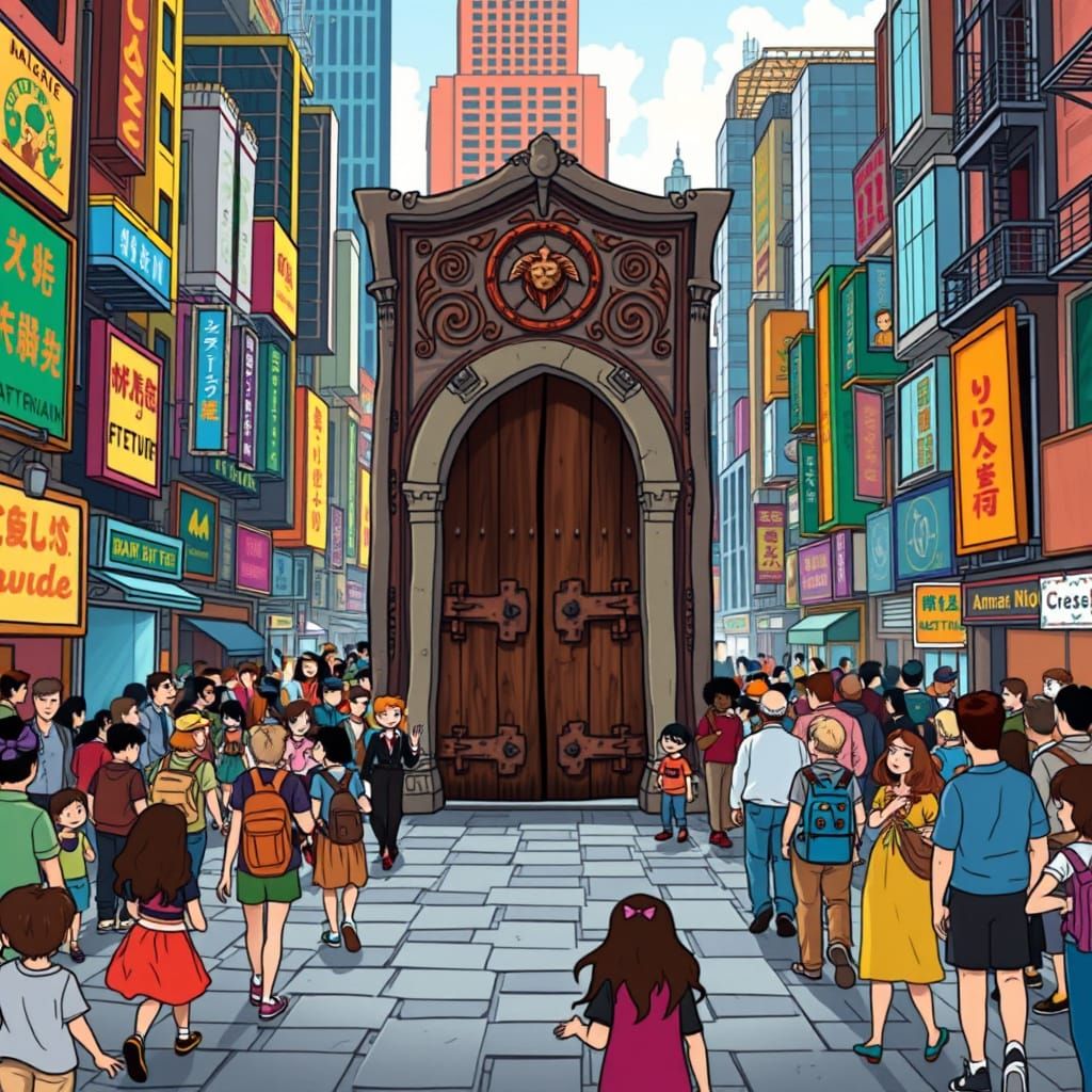 Cartoon Metropolis with Medieval Door in Disney Style