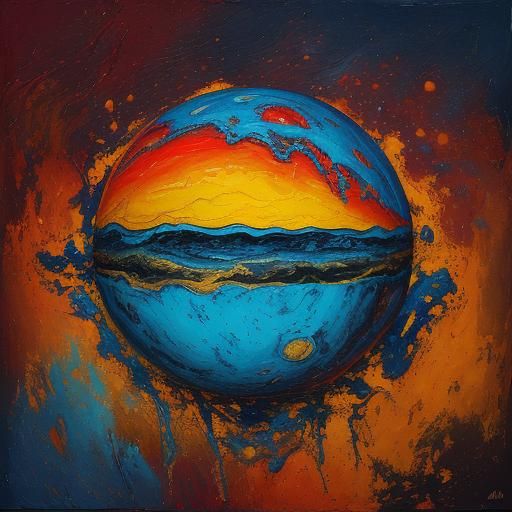 Andromeda Nebula Planet with Palm Trees as Impasto Painting