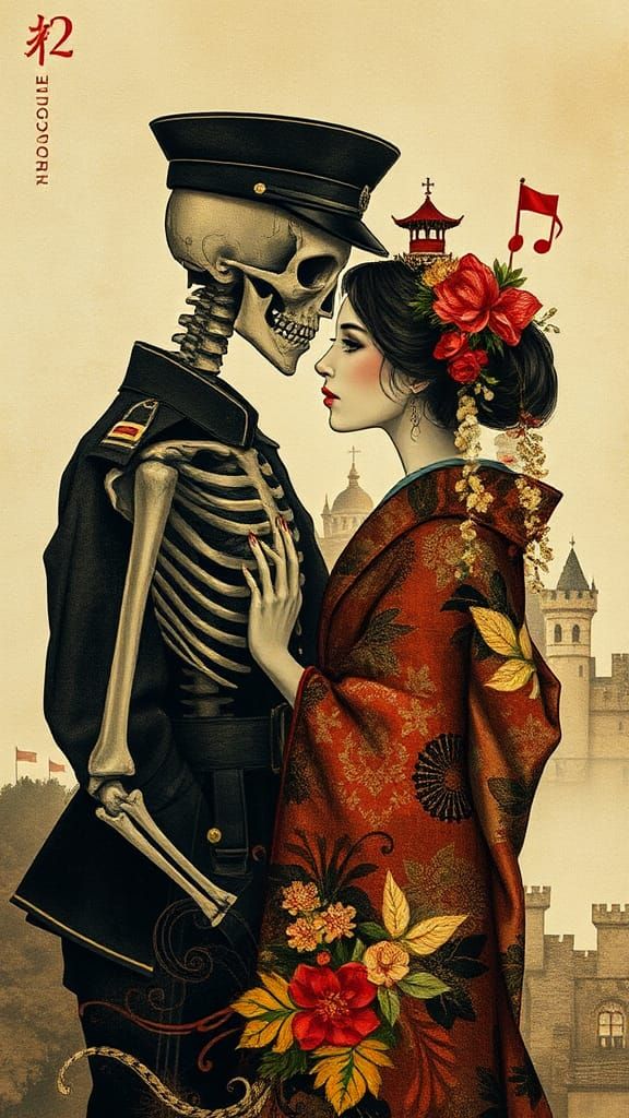 Steampunk Geisha Skeleton Portrait in Pointillist Style