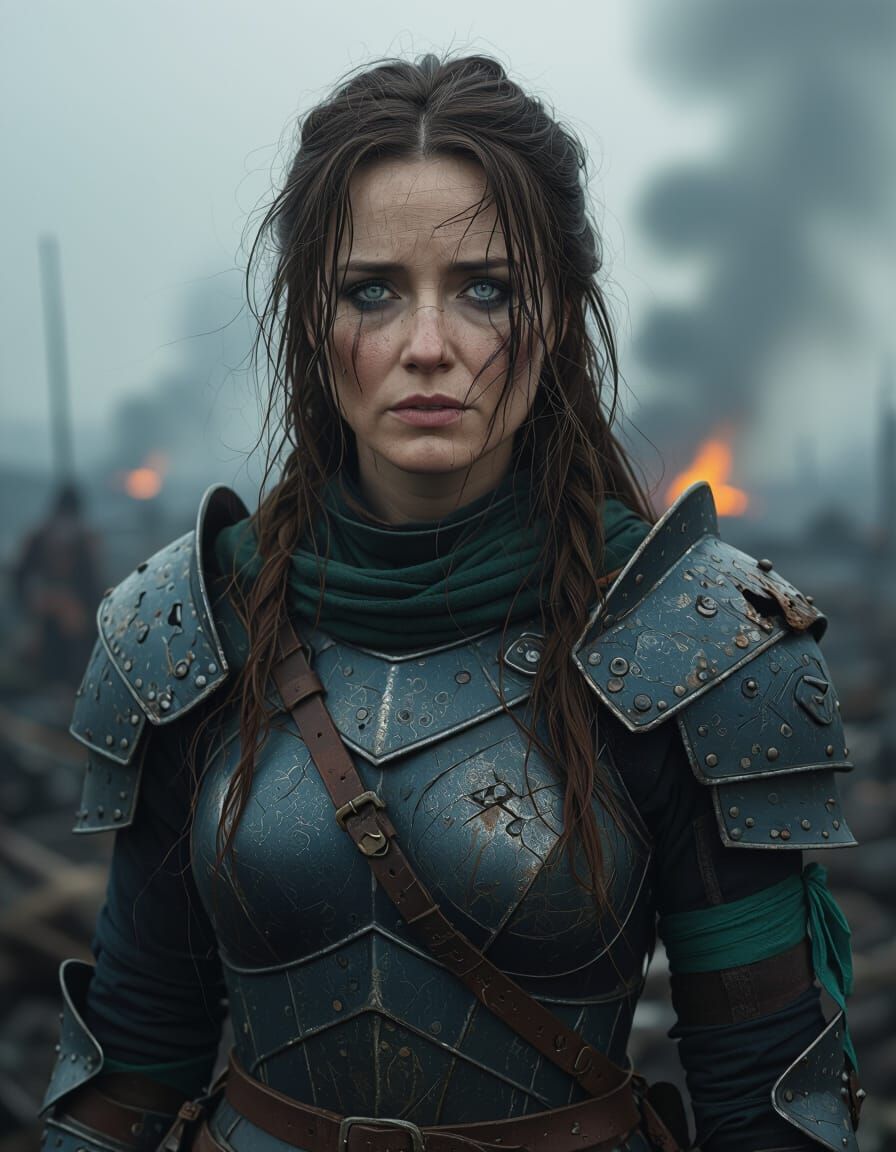 Grief-Stricken Warrior on Devastated Battlefield