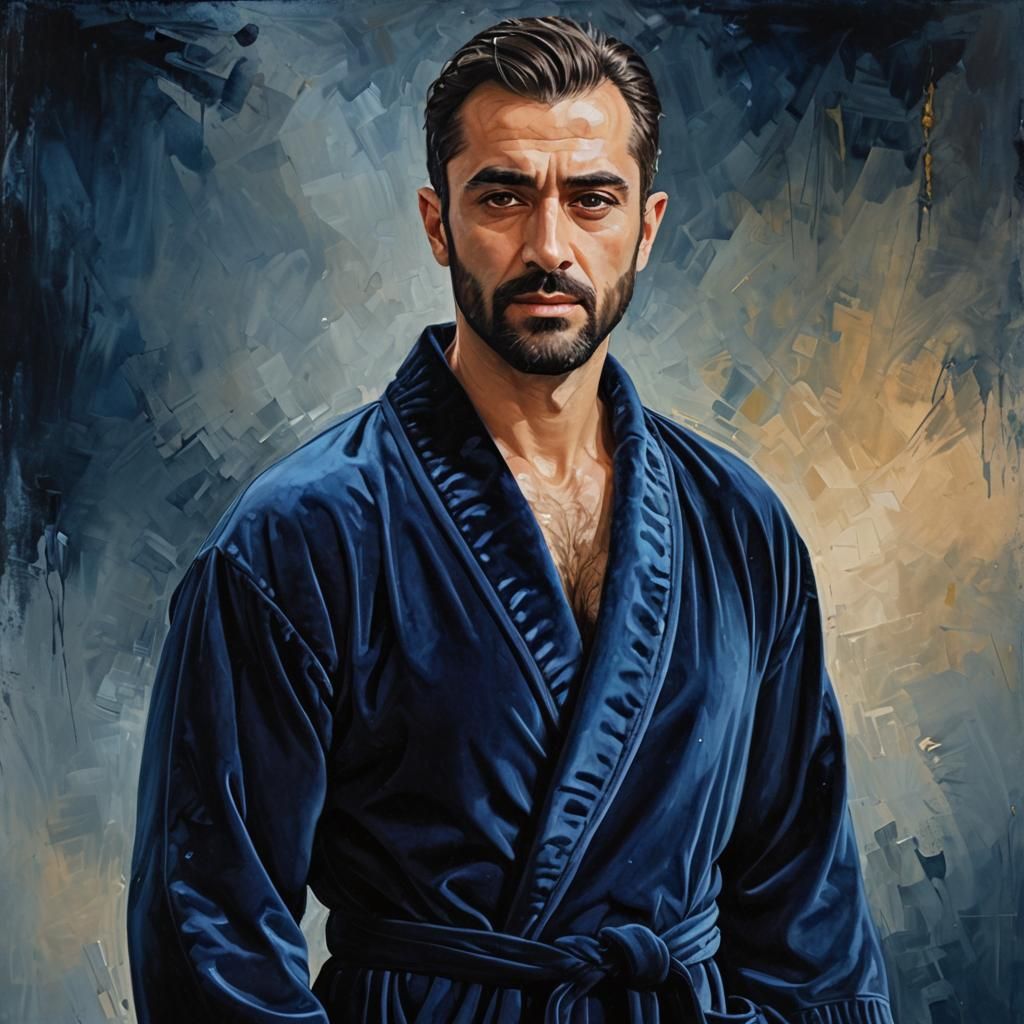 Handsome Turkish Man in Blue Velvet Bathrobe, Oil Painting