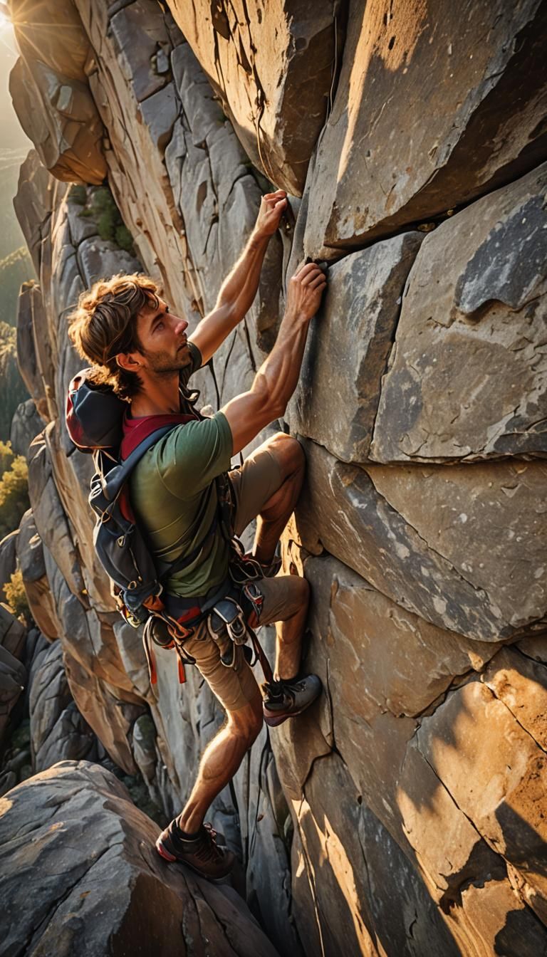 Climber Ascends Rock Face in Golden Light