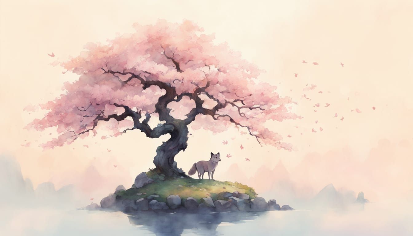 Floating Cherry Tree Shrine in Ukiyo-e Style