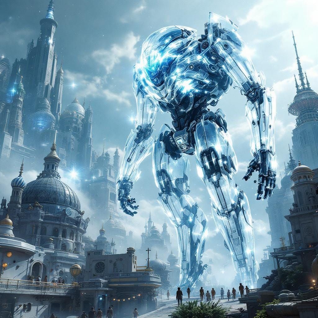 Transparent Mech Over Retro-Futuristic Cityscape