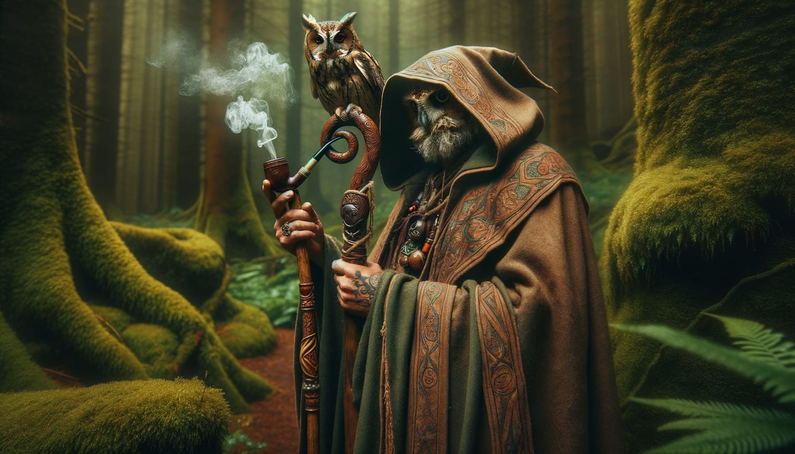 Shamanic Owlin Druid in Mossy Forest