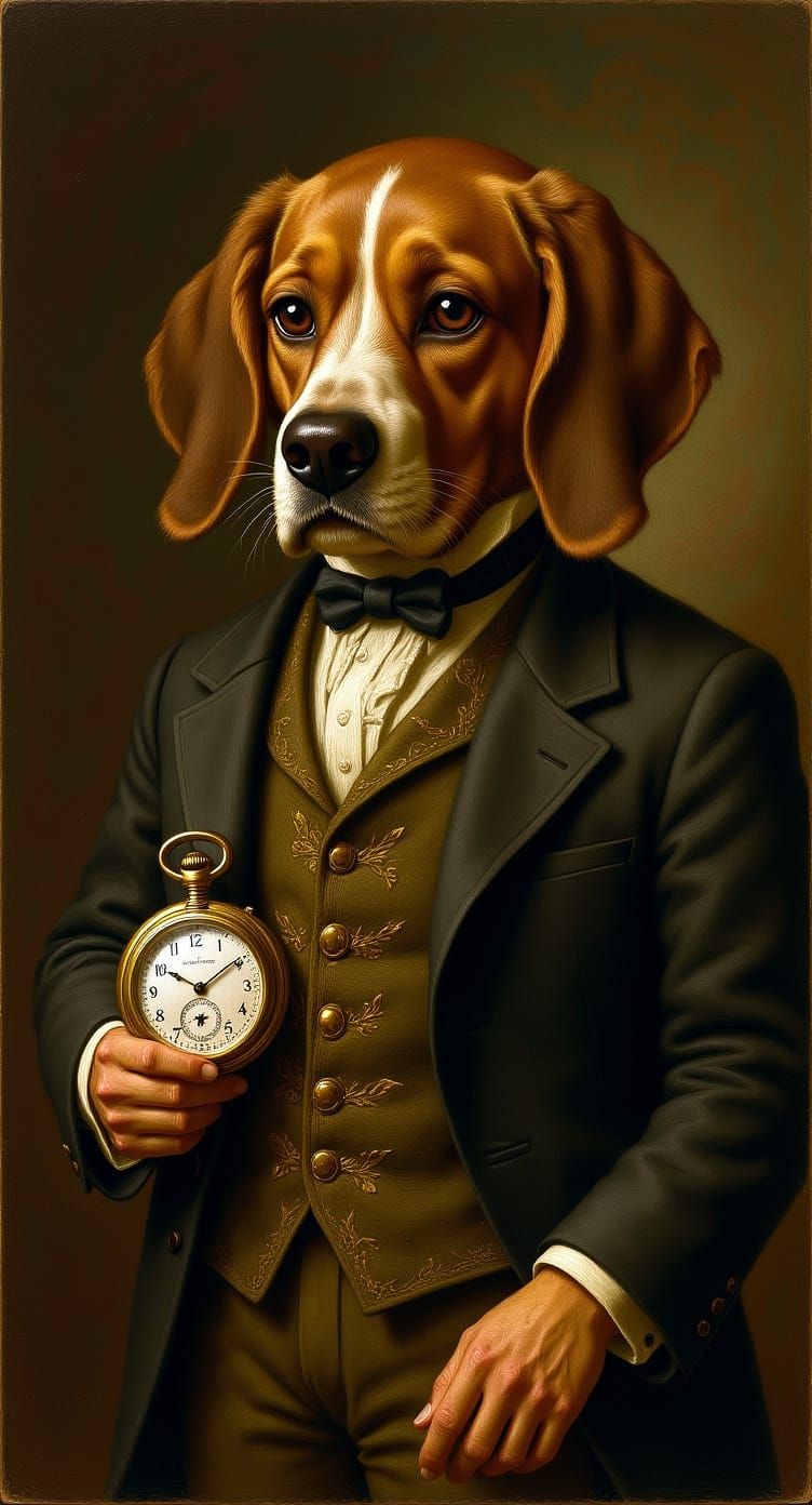 Victorian Basset Hound Checks Watch as Oil Painting