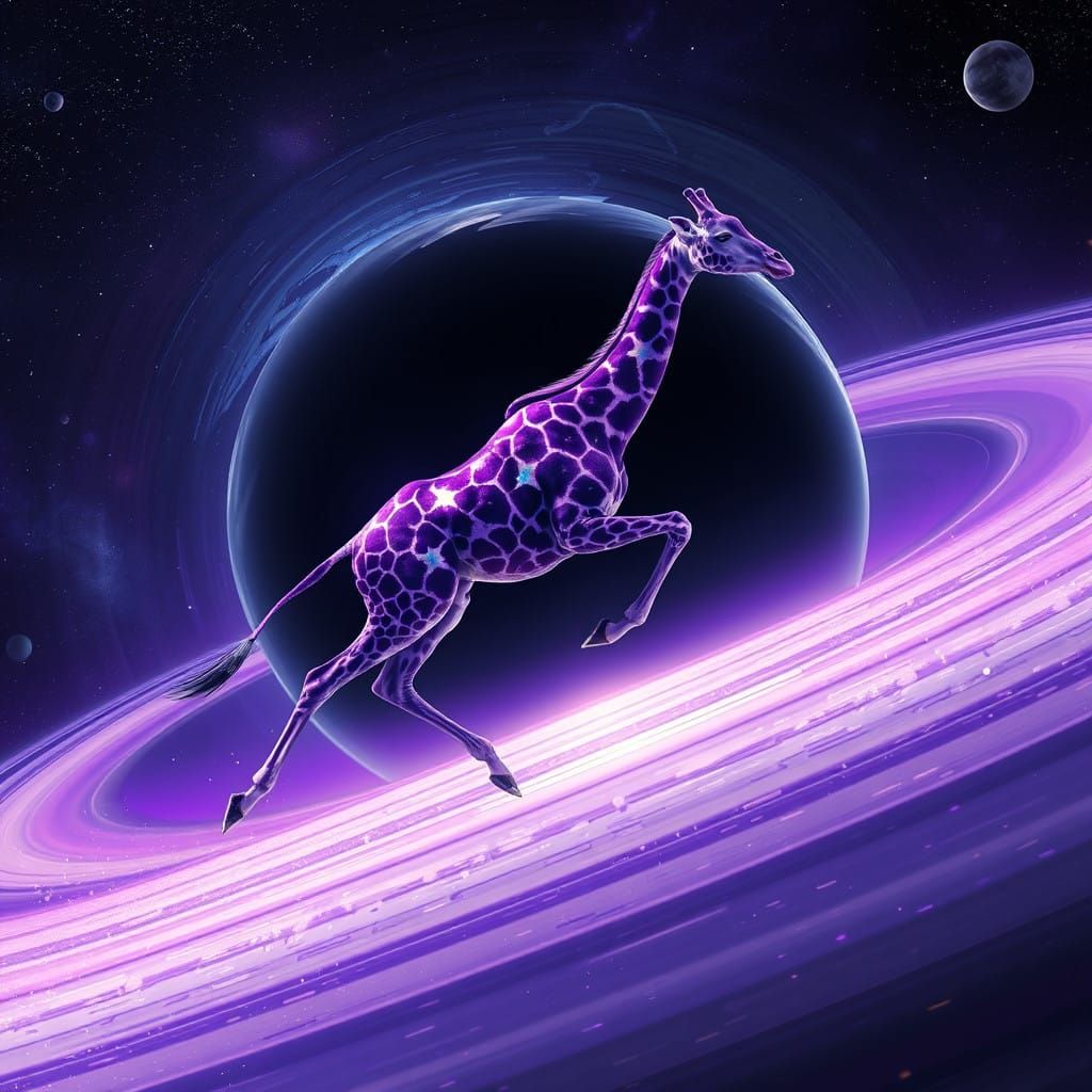 Majestic Purple Giraffe Sprints Across Saturn's Rings Amidst...