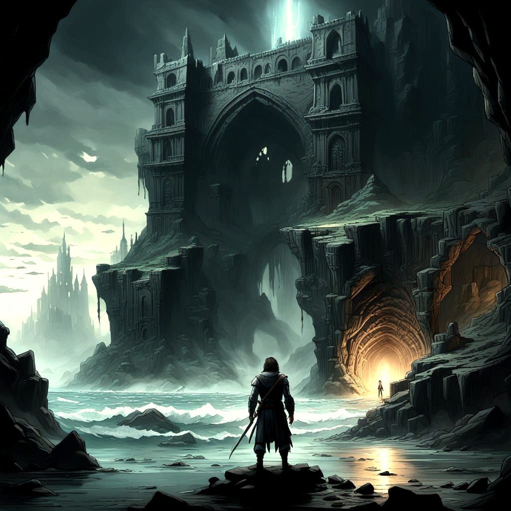 Epic Cavern Storm Over Fortress: Digital Matte Painting