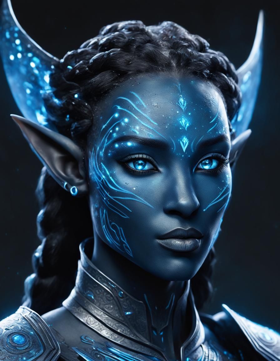 Mystical Blue Avatar with Bioluminescent Markings