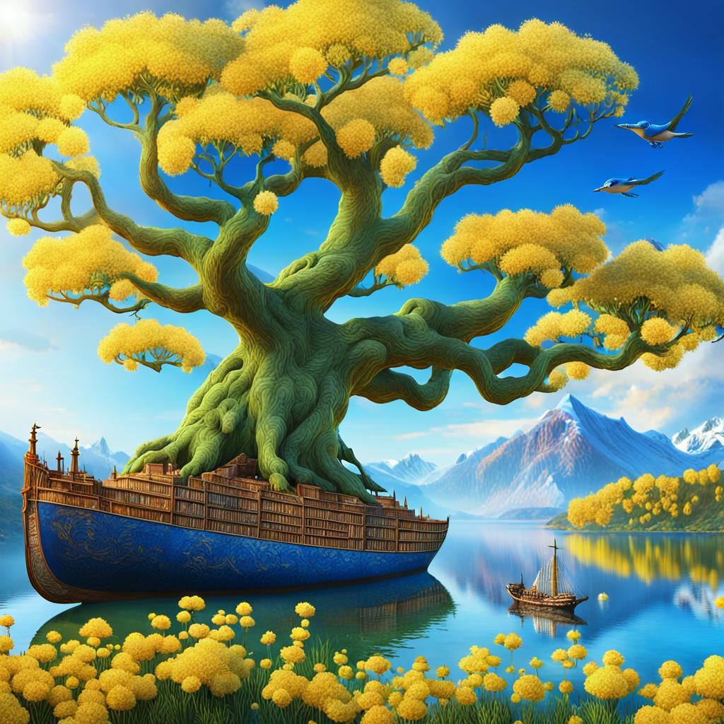 Ancient Tree of Life by Lake: Fantasy Art