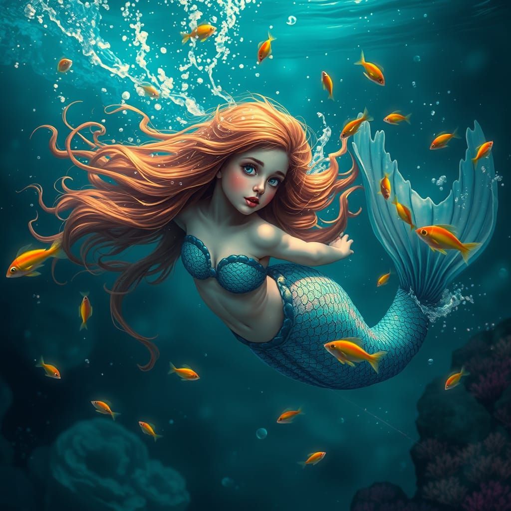 Iridescent Mermaid Diving with Colorful Fish