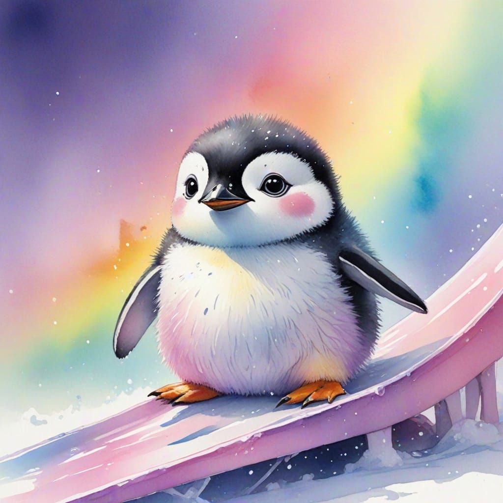 Kawaii Penguin on Rainbow Ice Slide Under Aurora Lights