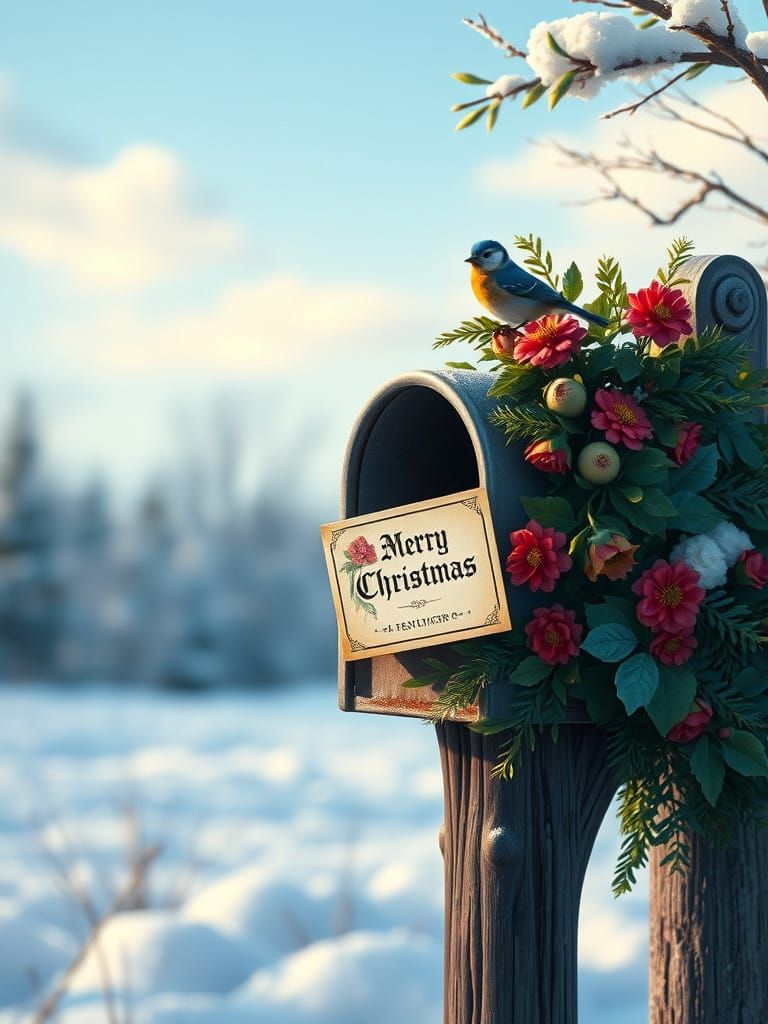 Vintage Winter Scene with Mailed Postcard and Bluebird in Oi...