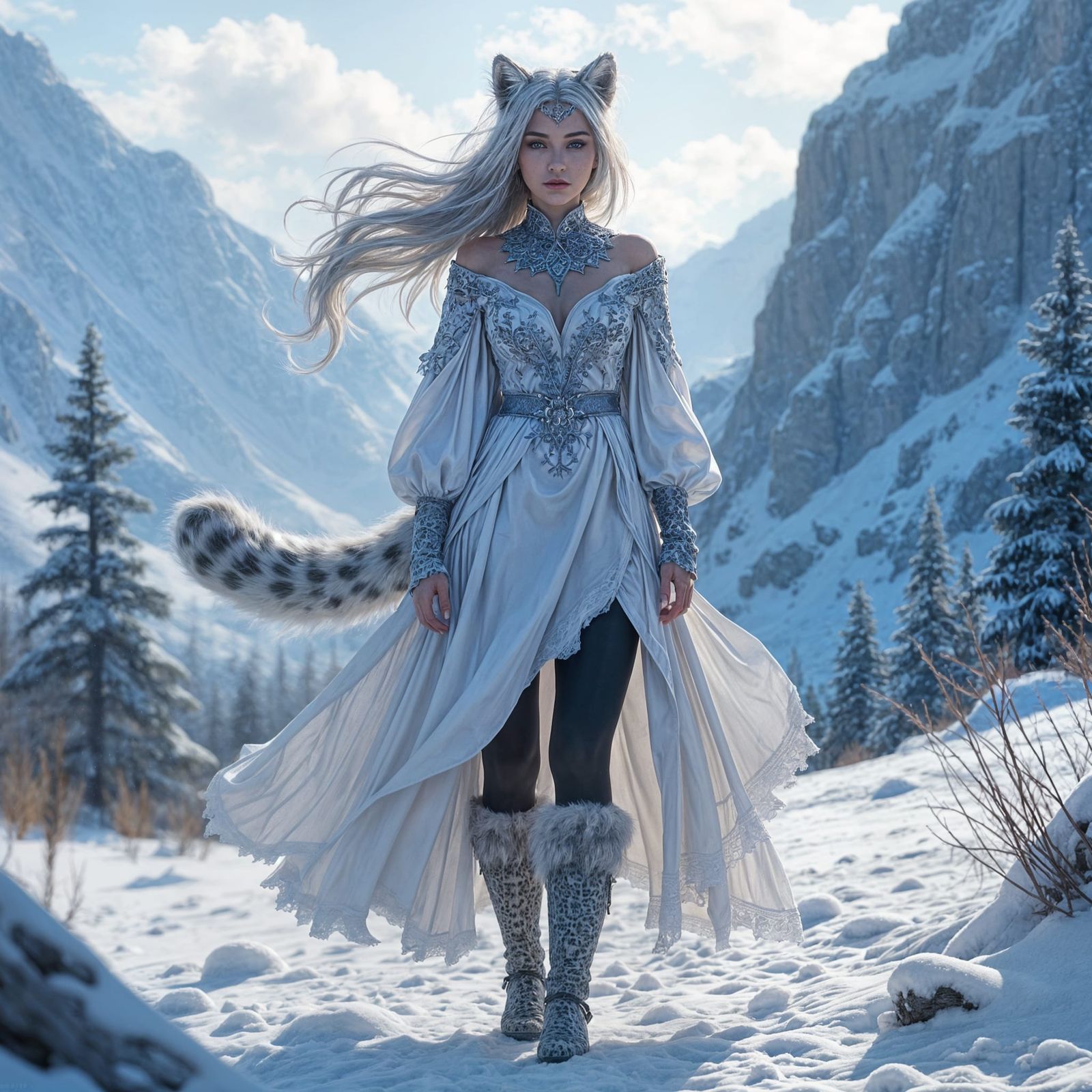 Snow Leopard Woman Hybrid in Detailed Matte Painting