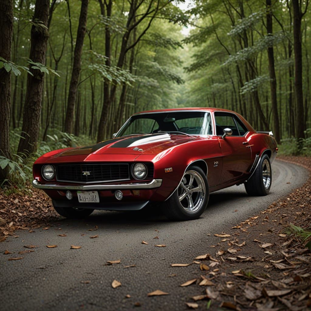 Hyperrealistic Candy Apple Red 1969 Camaro in Country Landsc...