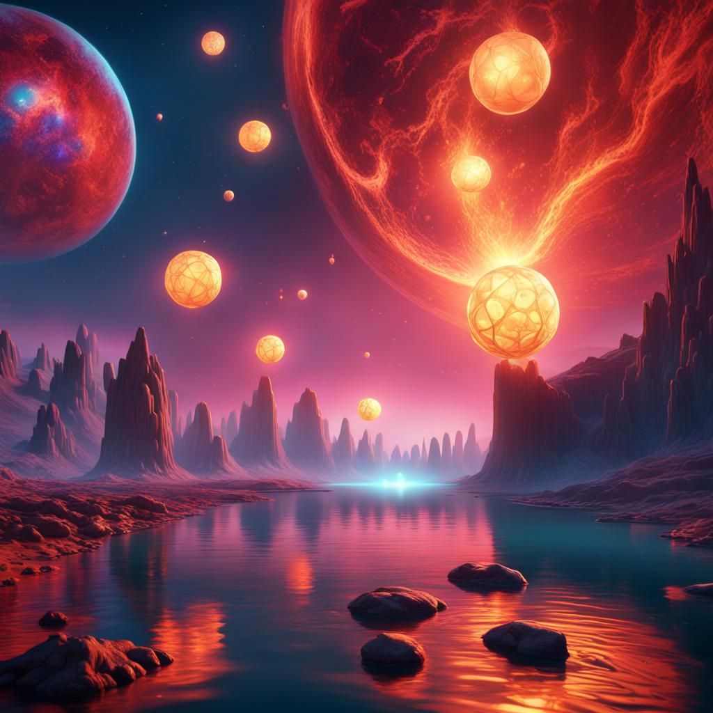 Cosmic Lanterns on Alien Planet, Digital Art