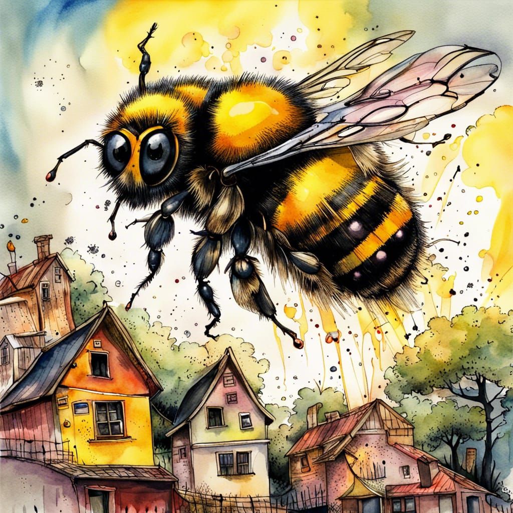 Village on Giant Bee, Watercolor Comic Book Art