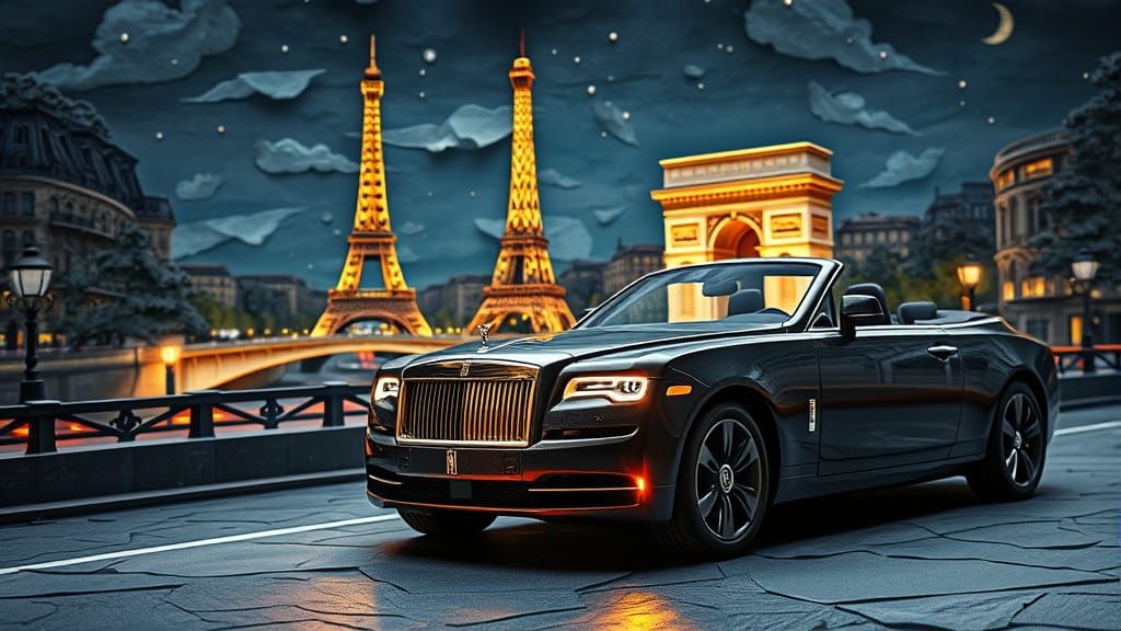 Rolls Royce in Paris Night Scene as Paper Art
