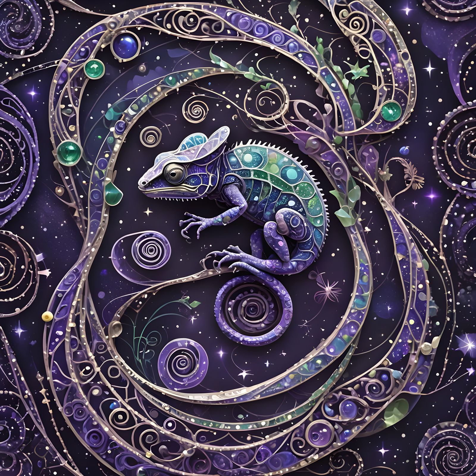 Intricate Purple Chameleon with Translucent Light Spiral