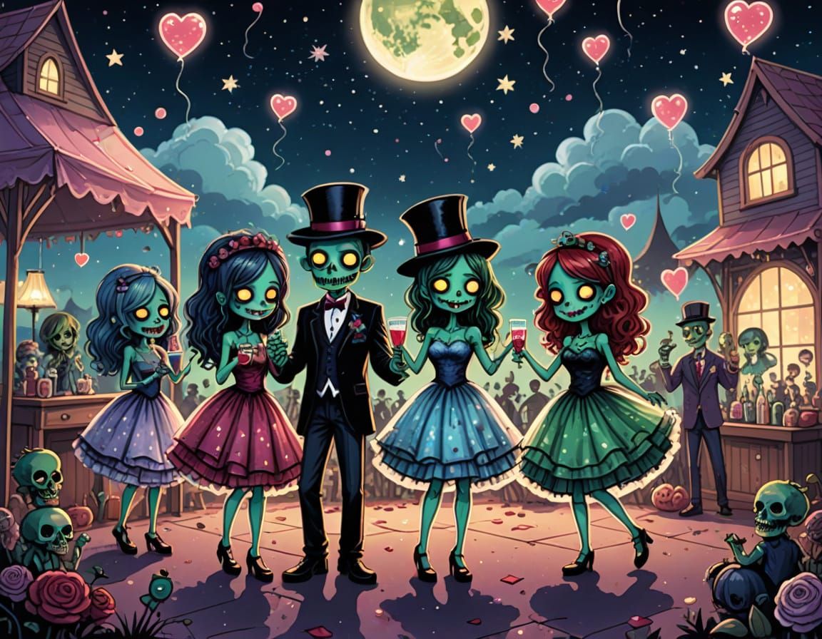 Cute Zombie Teens at Starry Prom Night Party