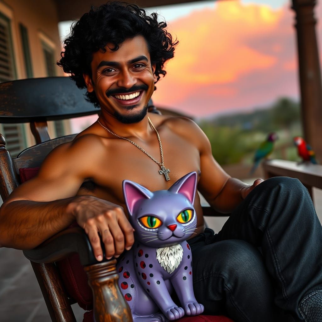 Mexican Man with Alebrije Cat, Hyperrealistic Photo
