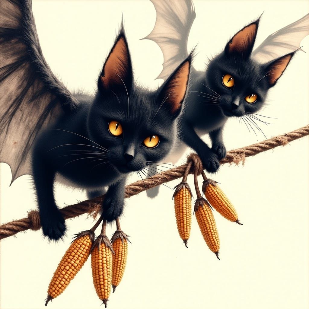 Whimsical Black Cats Soaring with Corn, in Watercolor Style