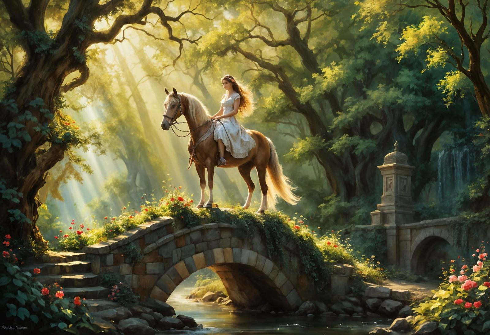 Princess on Clydesdale on Ancient Bridge in Sunlit Glade