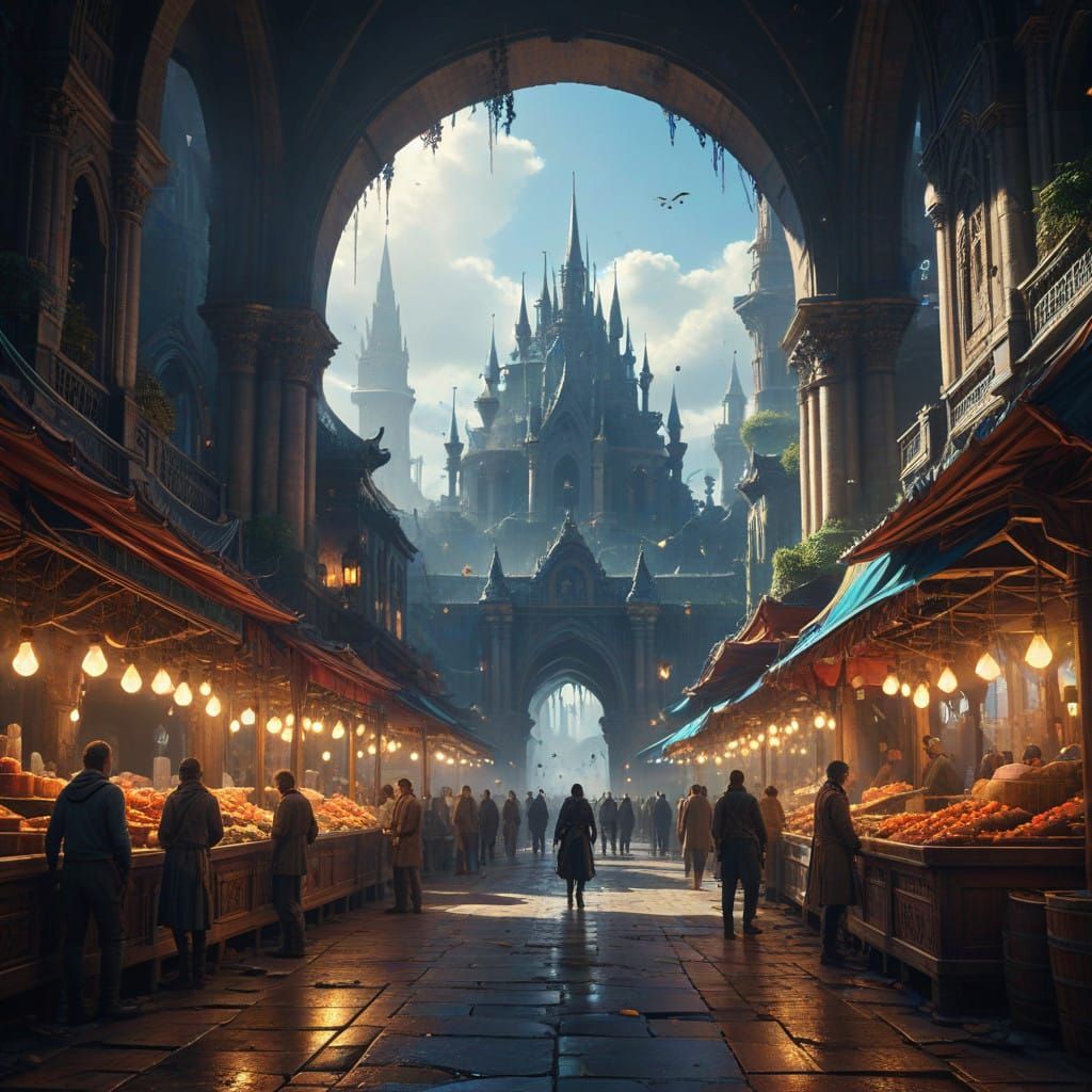 Vibrant Market Scene with Cinematic Lighting and Intricate D...