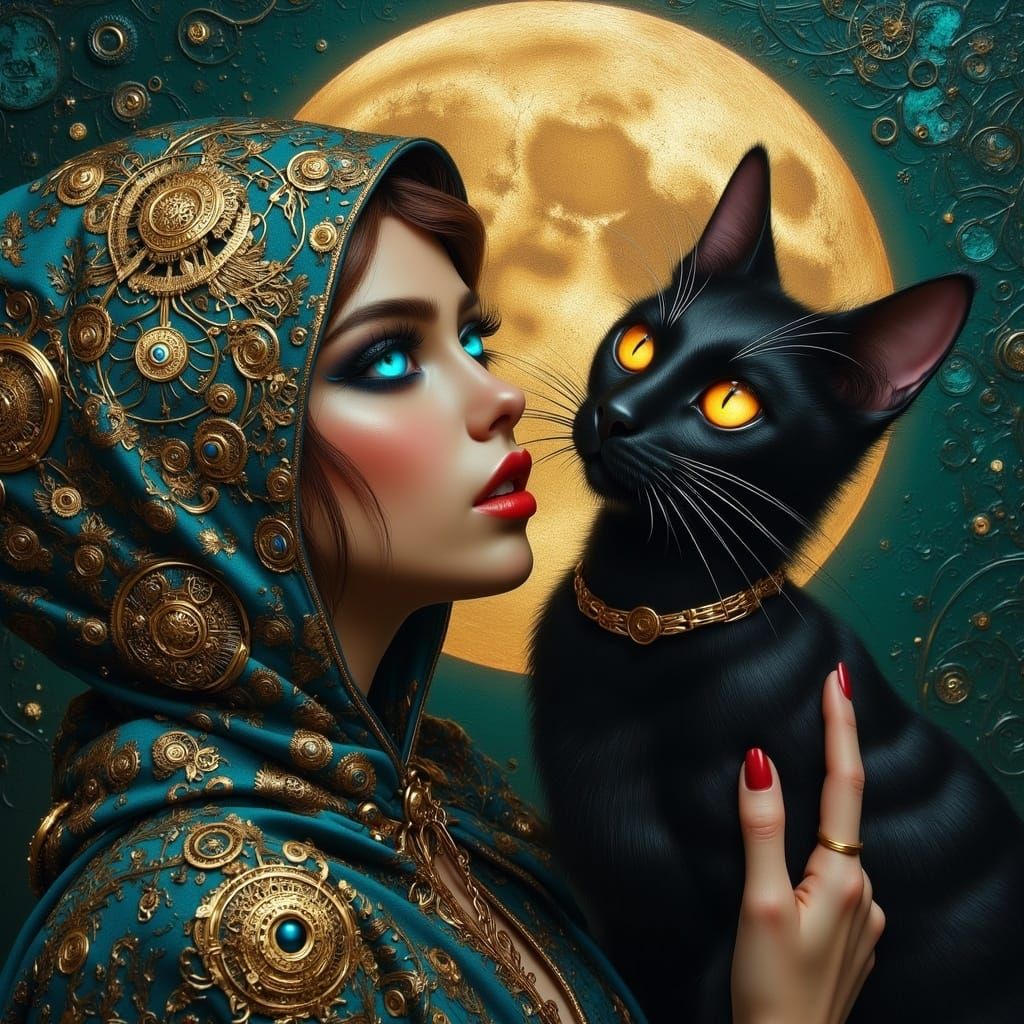 Ethereal Steampunk Goddess with Majestic Black Felines