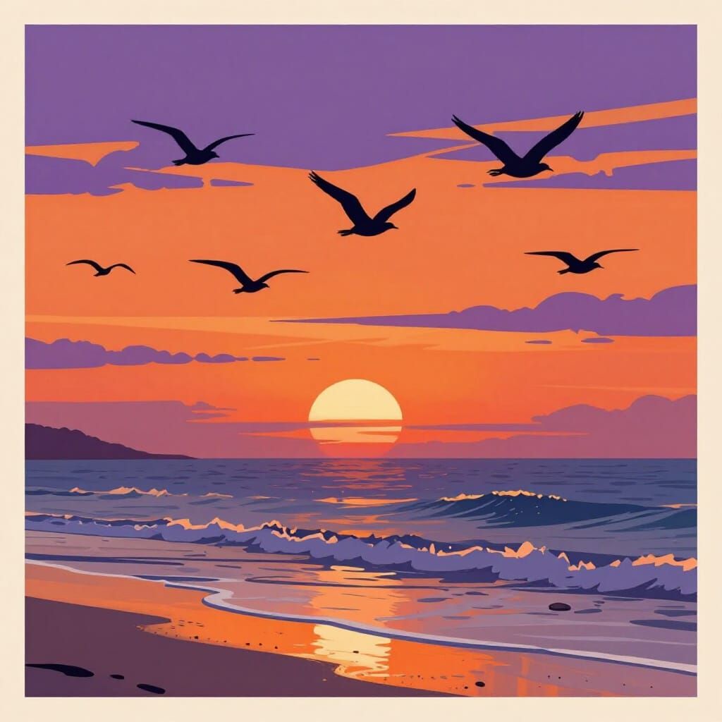 Birds Silhouette Over Beach Sunset in Graphic Style
