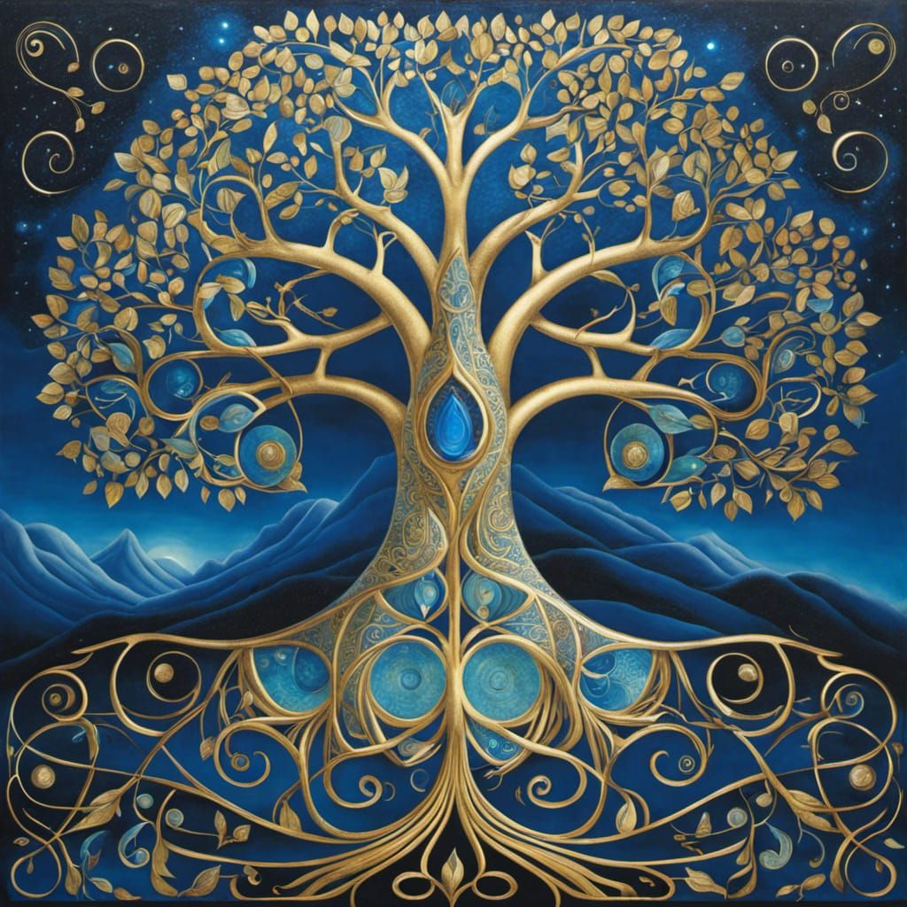 Radiant Blue and Gold Tree of Life