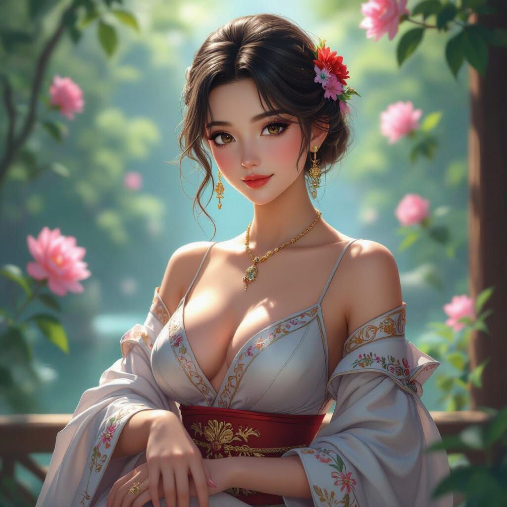 Elegant Anime Woman in Serene Setting