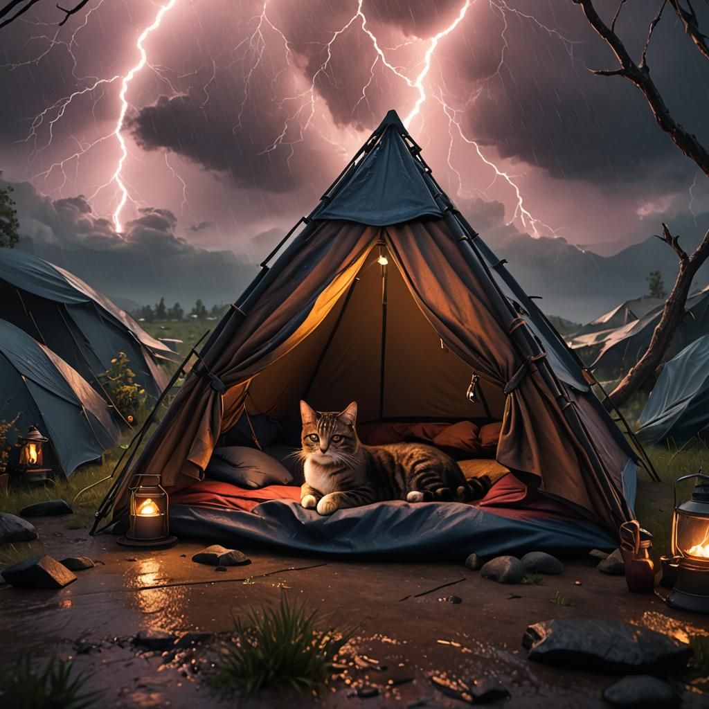 Cozy Cat Nap During Thunderstorm: Fantasy Concept Art