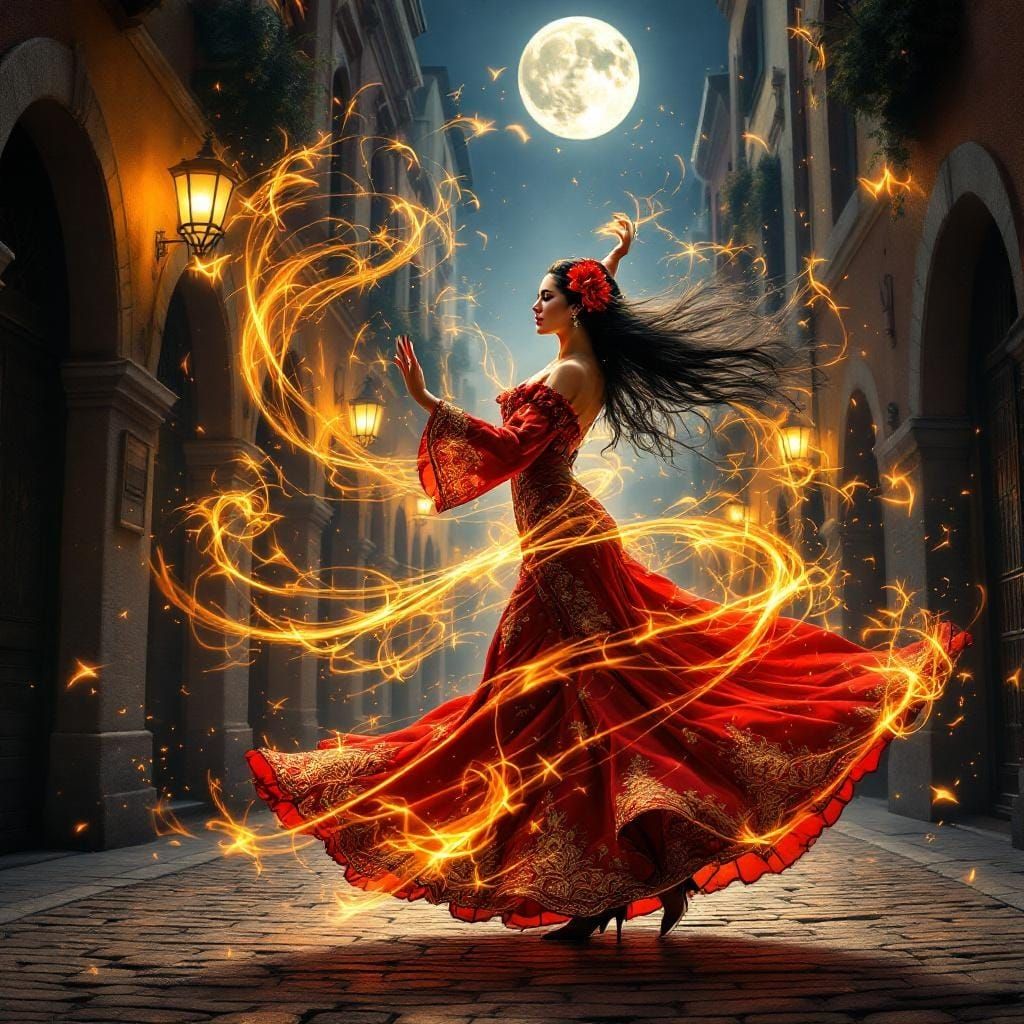 Flamenco Dancer in Fiery Night Street Scene