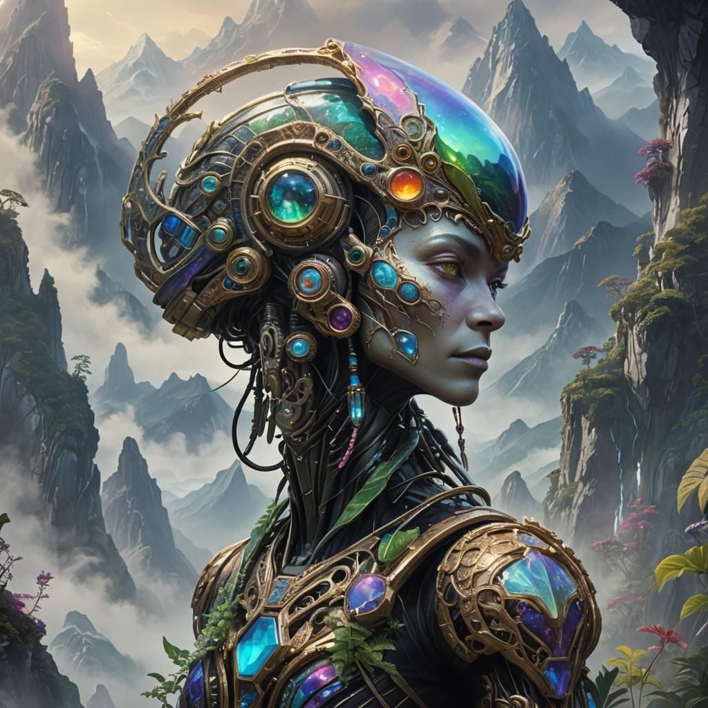 Alien with Crystalline Jewelry on Misty Mountain