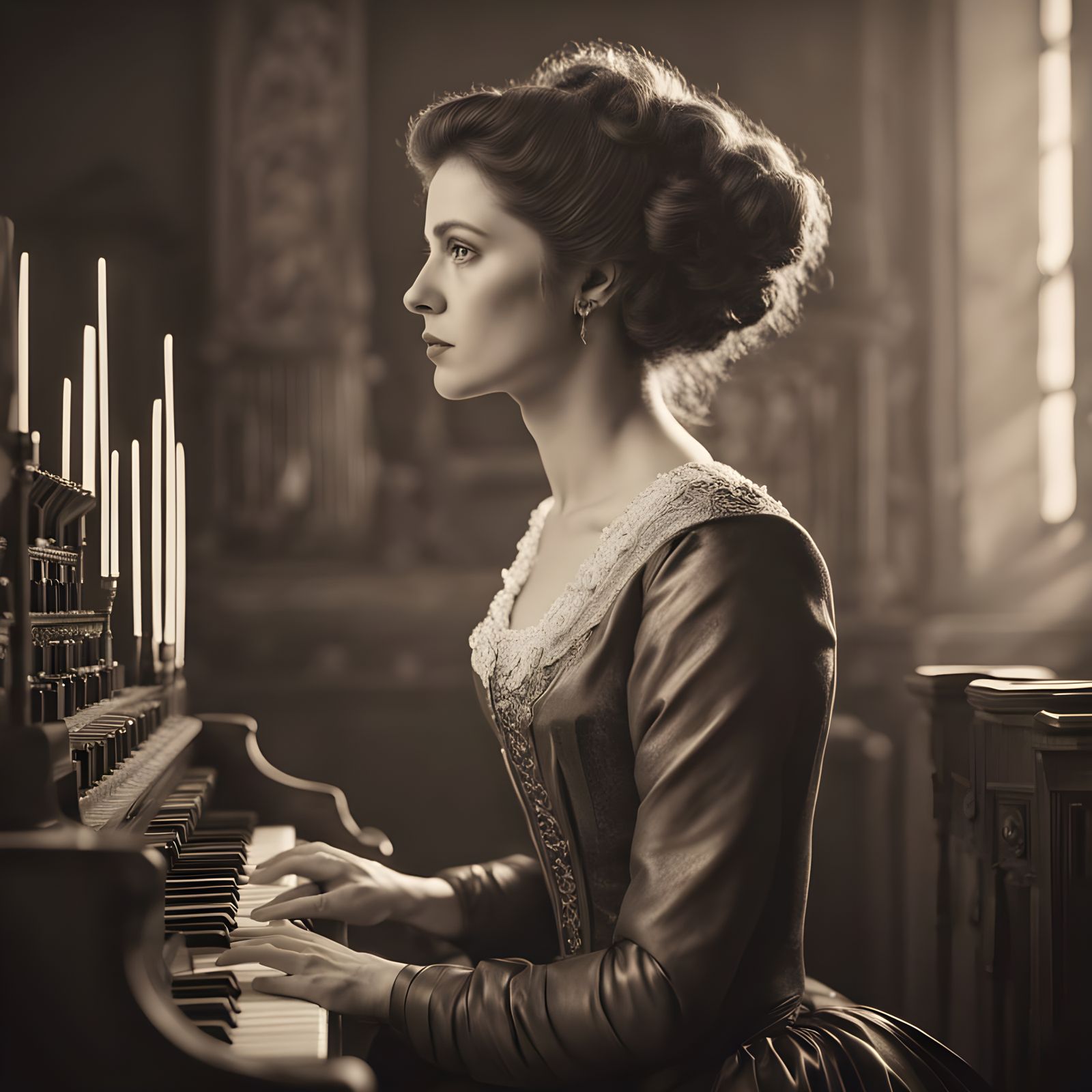Woman at Pipe Organ in Renaissance Style