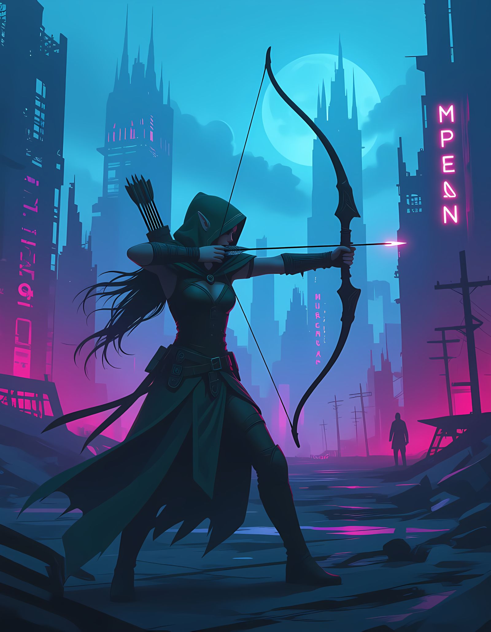 Elf Huntress in Neon Post-Apocalyptic City
