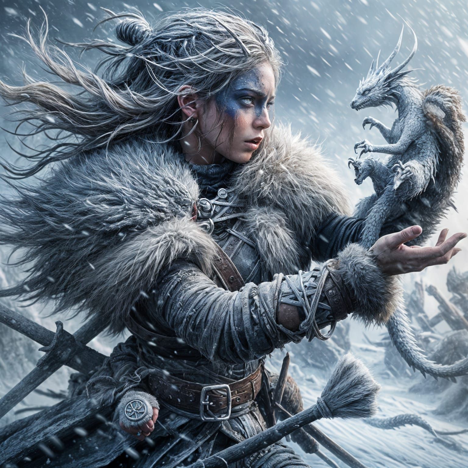 Viking Woman and Dragon in Snowstorm: Digital Matte Painting