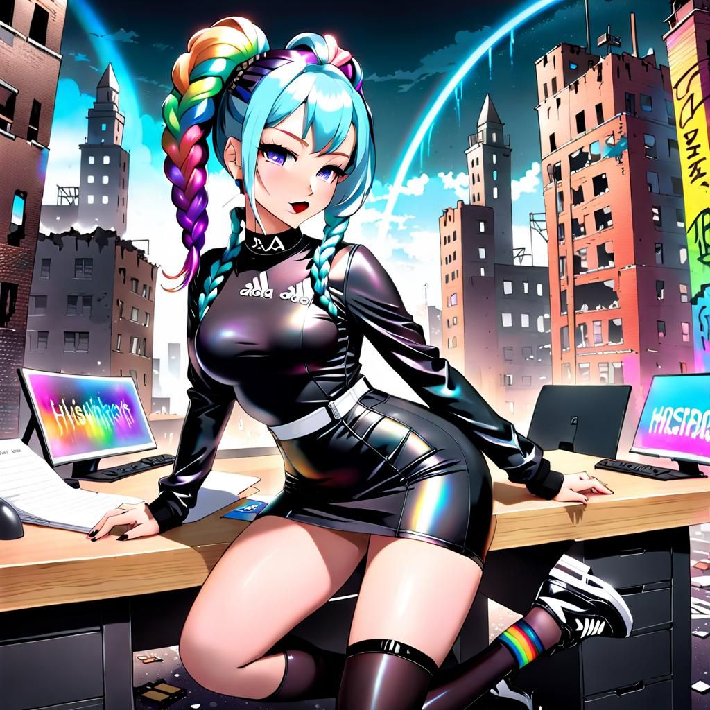 Manga-Style Headmistress in City Ruins